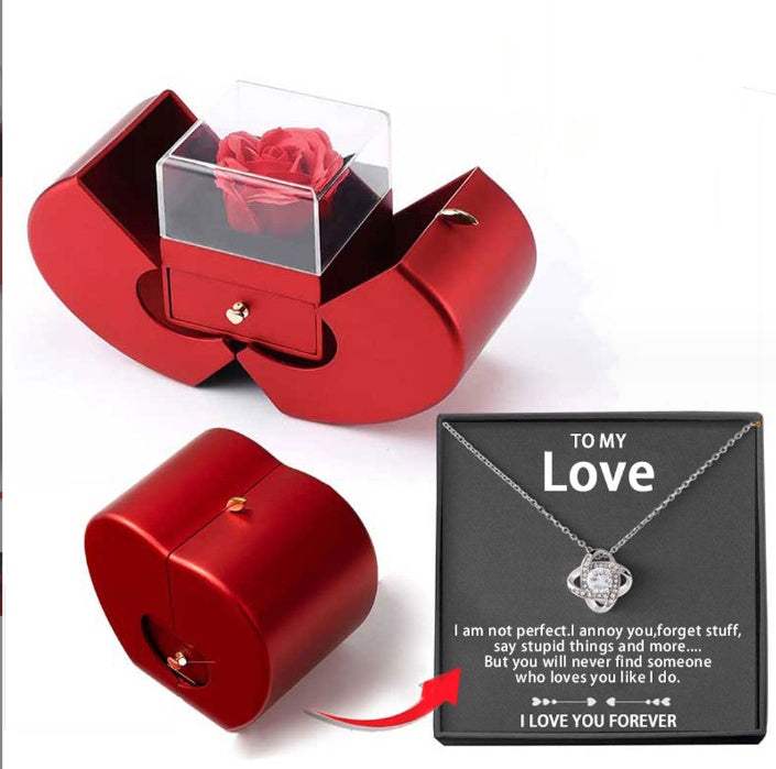 Red apple-shaped fashion jewelry box with eternal rose and necklace, perfect Christmas or Valentine's Day gift.