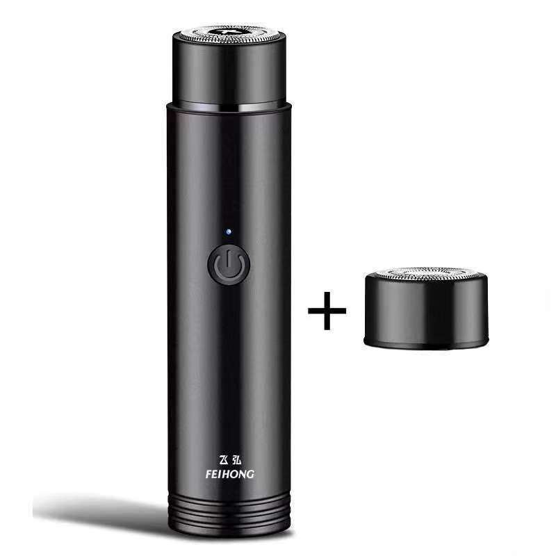 Portable mini electric shaver for men with black and silver design, showcasing shaving features.