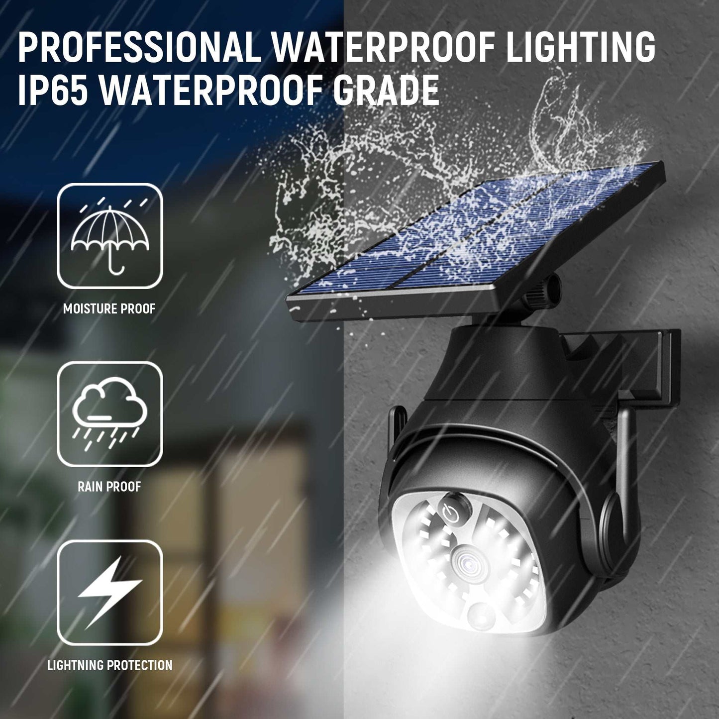 Solar powered outdoor courtyard light with human sensing, waterproof, and adjustable solar panel.
