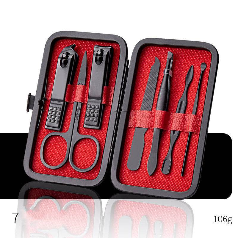 Professional nail clippers set with high-quality stainless steel tools in a rose gold leather case.