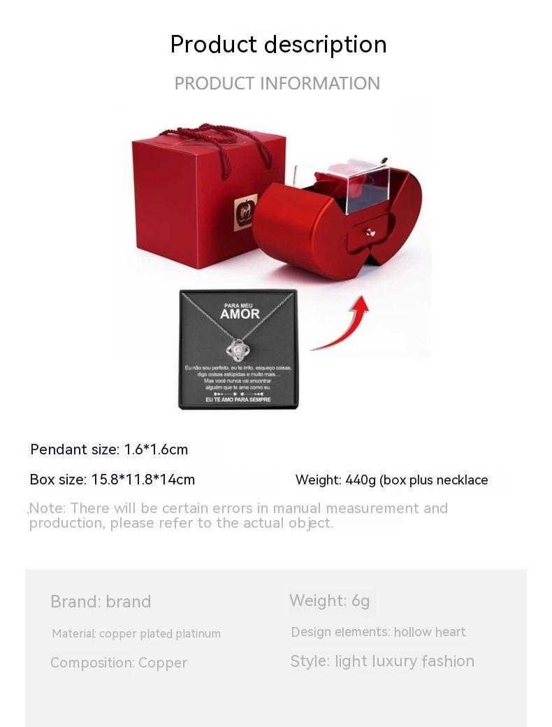 Red apple-shaped fashion jewelry box with eternal rose and necklace, perfect Christmas or Valentine's Day gift.