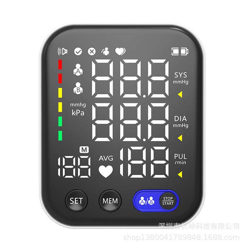 Electronic blood pressure monitor with large screen for real-time measurement.