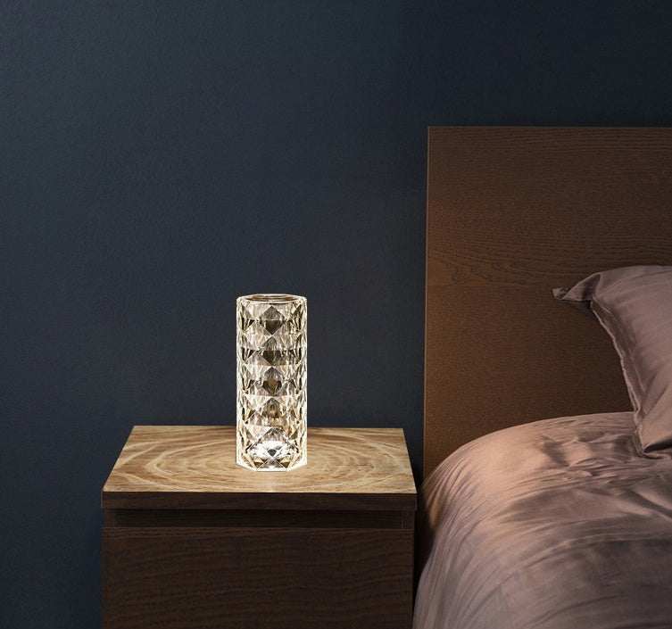 USB Table Lamps Nordic crystal USB table lamp with diamond design, touch dimming, and rose projector effect for bedroom decor.