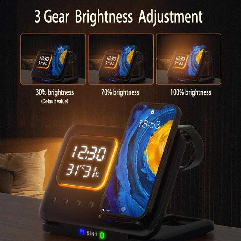 Wireless Chargers Stand 15W wireless charging stand with LED clock, phone, watch, and headphone charging slots.