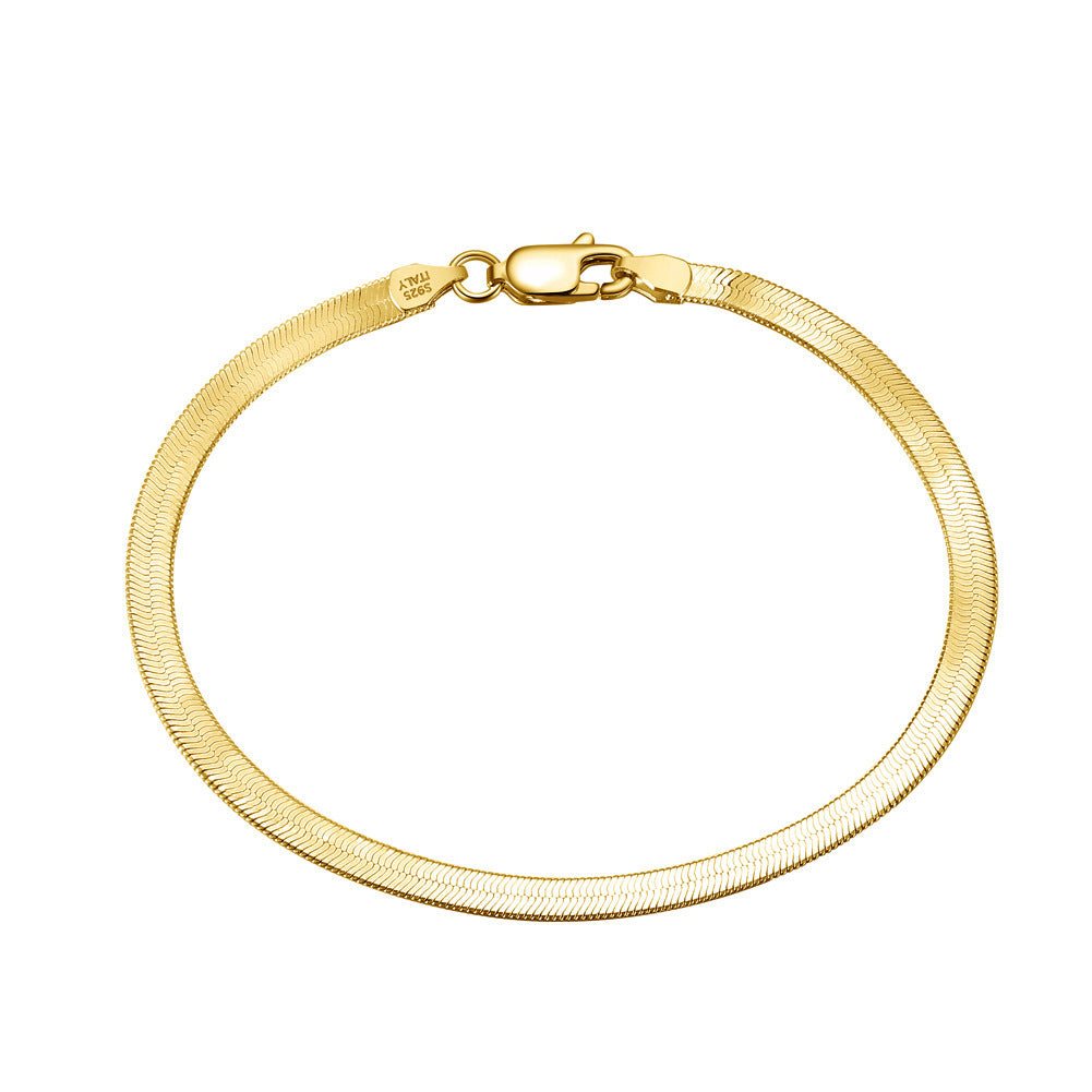 S925 sterling silver flat snake bone bracelet in platinum color, worn on wrist.