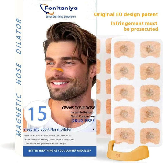 Nasal Respiratory Dilator with magnetic nose clips and adhesive strips for improved airflow.
