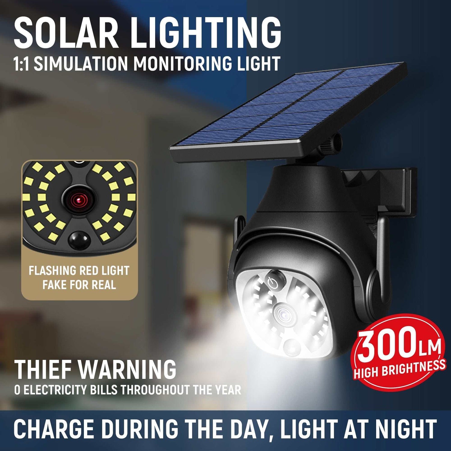 Solar powered outdoor courtyard light with human sensing, waterproof, and adjustable solar panel.
