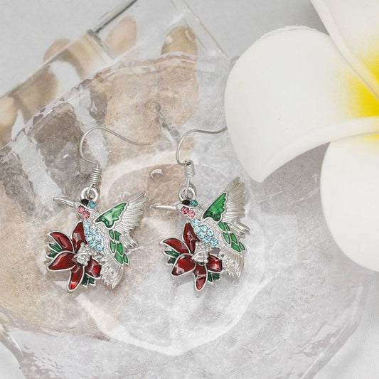Colorful hummingbird full diamond pendant earrings in silver alloy with water droplets design, Korean style.