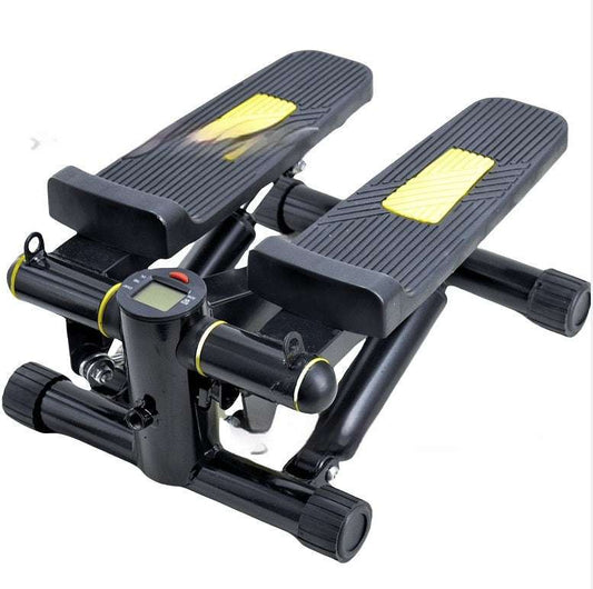 Mini treadmill fitness equipment with black and yellow striped design.
