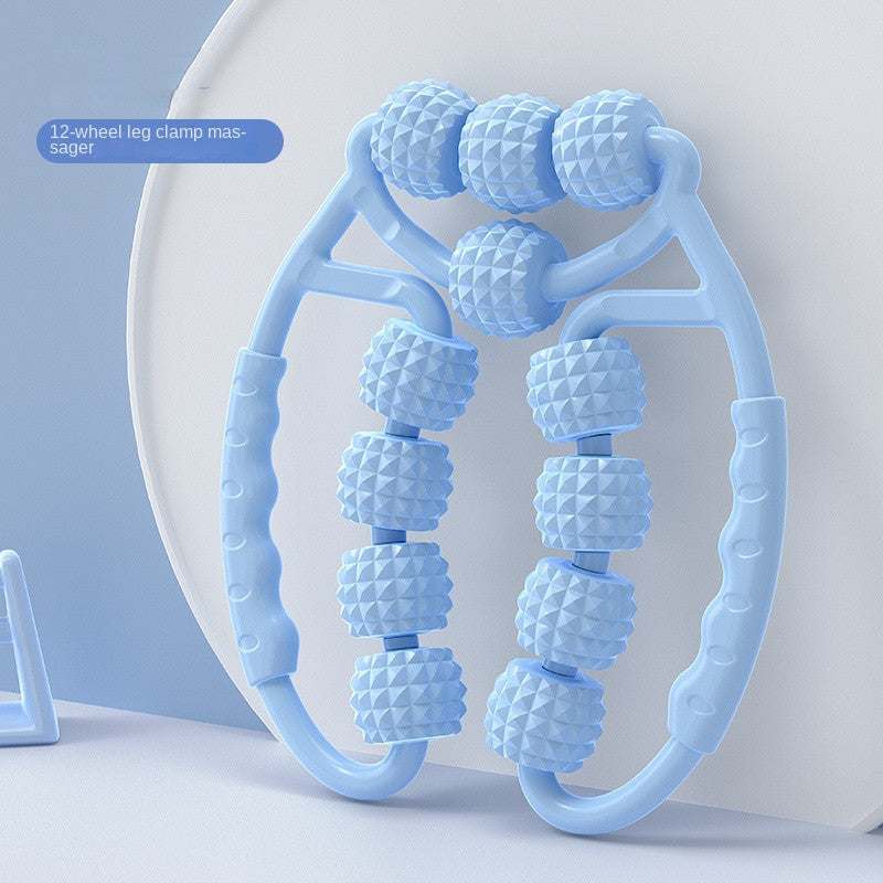 Muscle Relaxation Ring Leg Clip Roller in pink with textured rollers for massage therapy.