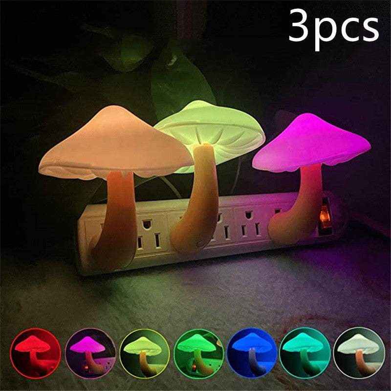LED Night Light Mushroom Wall Socket Lamp with light-control sensor, EU US Plug, warm white glow for bedroom decoration.