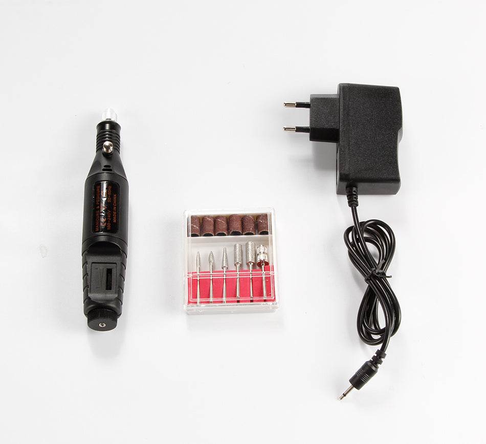 Electric nail polish machine pen with three color options, set of six polishing heads, and USB power line.