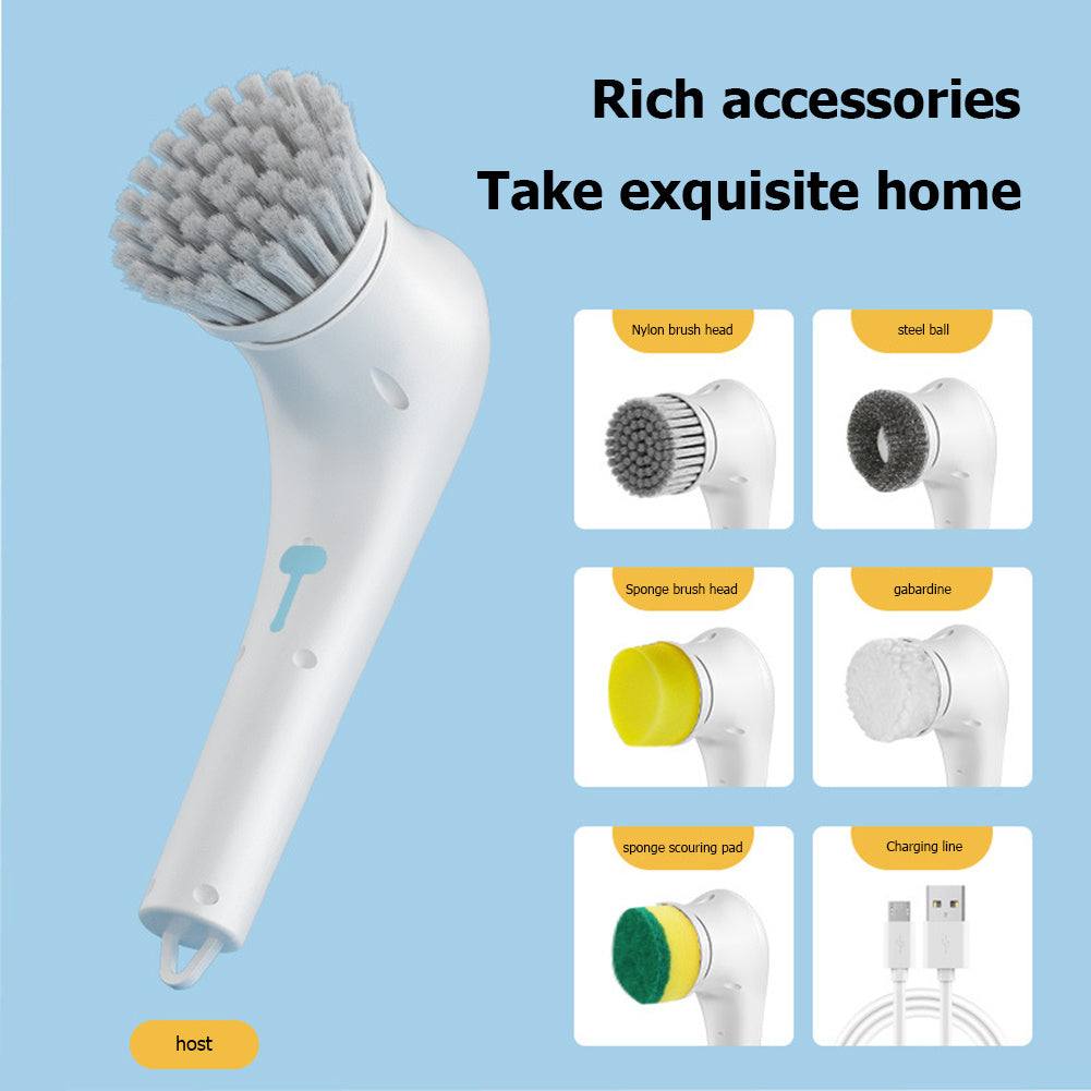 Electric handheld kitchen scrubber with five brush heads for versatile cleaning.