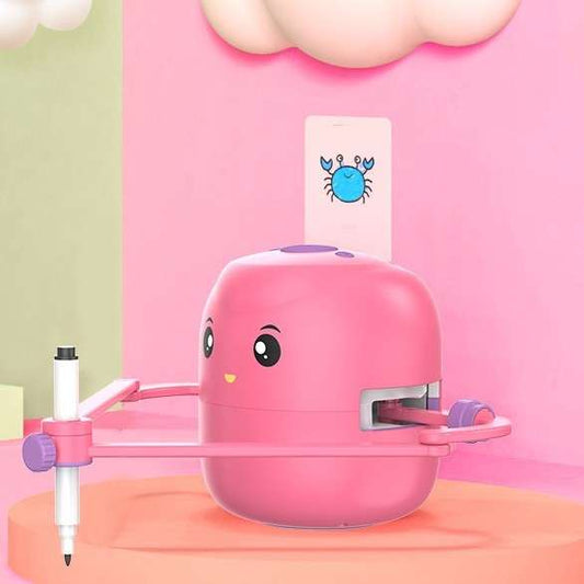 Early education intelligent painting robot in rose red for children's drawing and language learning.