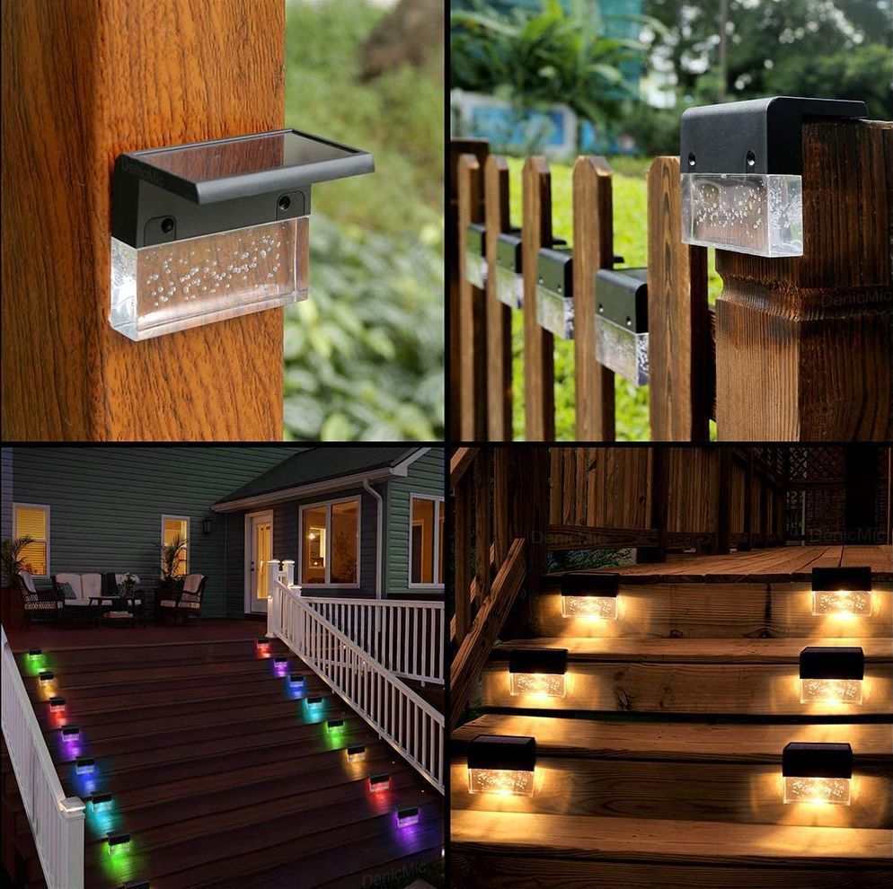 Waterproof New RGB RGB LED solar step lights illuminating a garden fence in multiple colors, waterproof and crystal-like for outdoor decoration.