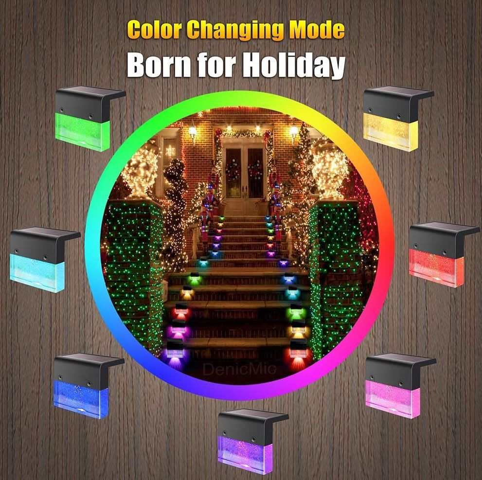 Waterproof New RGB RGB LED solar step lights illuminating a garden fence in multiple colors, waterproof and crystal-like for outdoor decoration.