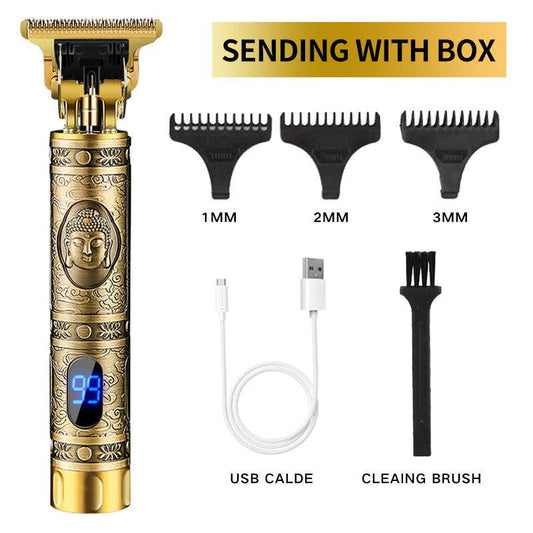 Electric hair clipper with Buddha design, interchangeable combs, USB cable, and cleaning brush.