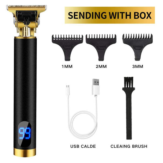Electric hair clipper with Buddha design, interchangeable combs, USB cable, and cleaning brush.