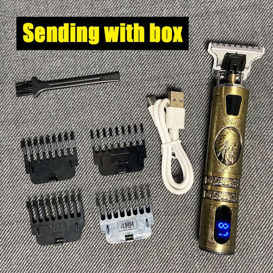 Electric hair clipper with LCD display, USB cable, and accessories including combs, brush, and ornate design.