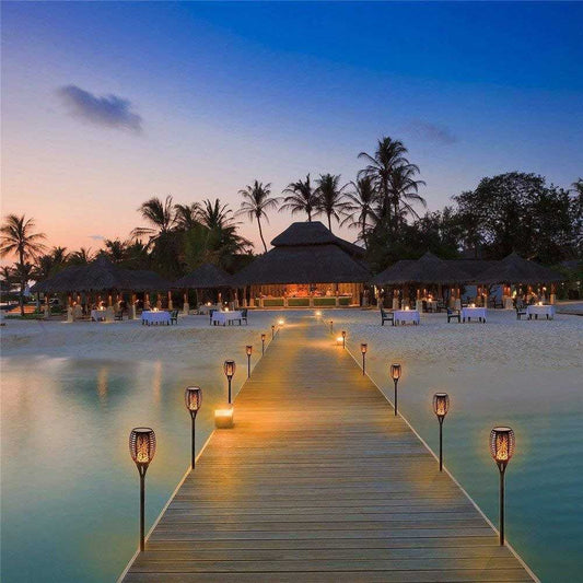 Outdoor pathway illuminated by LED waterproof solar torch lights with warm, flickering glow.