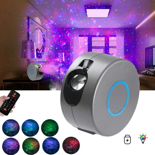 Galaxy Starry Sky Projector with rotating dynamic star projections in various colors, remote control, ideal for room decor and gifts.