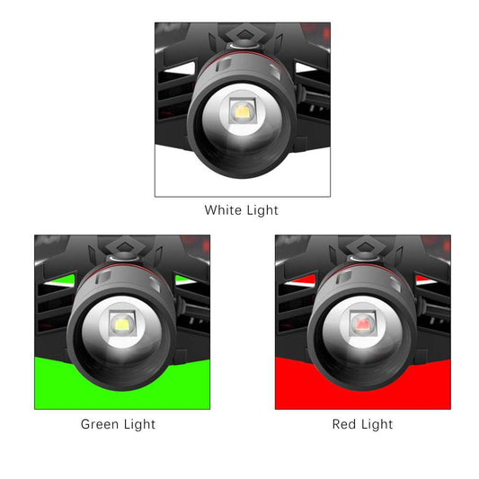 T6 white light LED headlamp with white, red, and green light options, zoom feature, rechargeable with USB charger and batteries included.