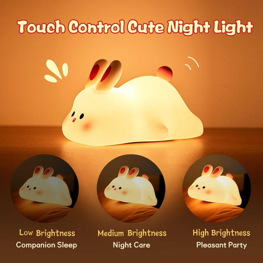 Cute LED night light with touch sensor, rabbit design, adjustable brightness, silicone material, perfect for kids' bedside.