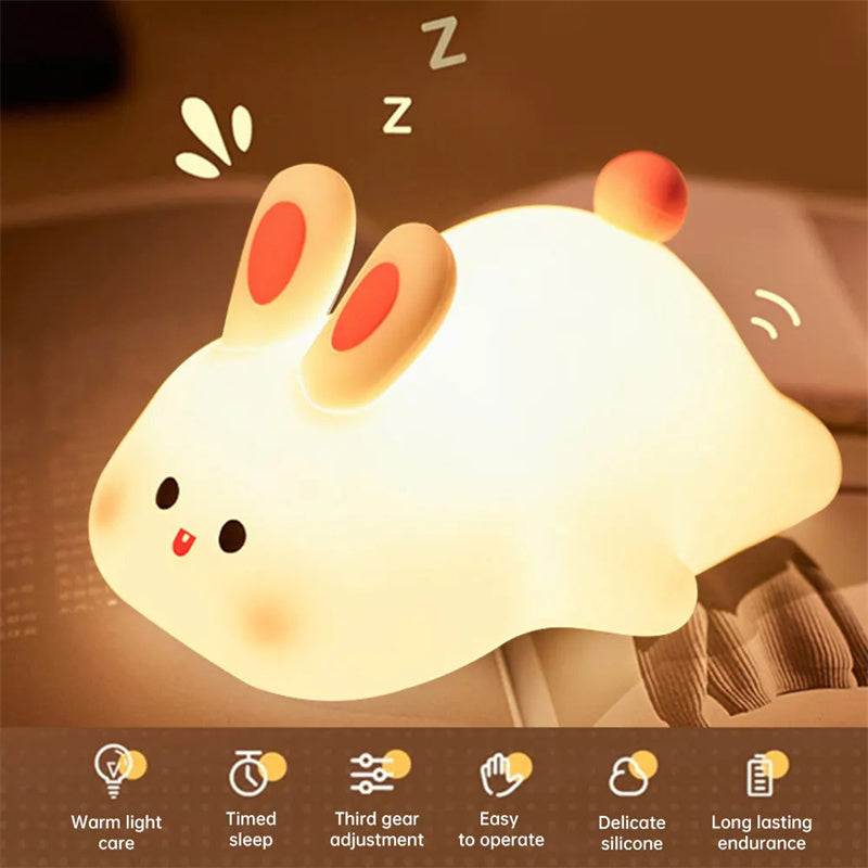 Cute LED night light with touch sensor, rabbit design, adjustable brightness, silicone material, perfect for kids' bedside.