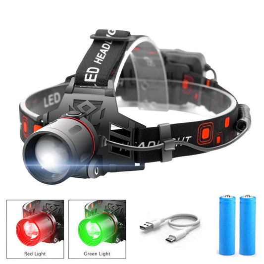 T6 white light LED headlamp with white, red, and green light options, zoom feature, rechargeable with USB charger and batteries included.