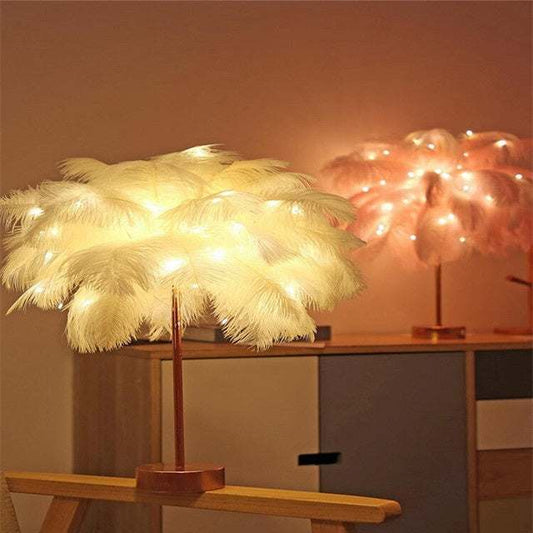 Nordic feather lamp with warm LED lights on a wooden base, perfect for bedroom decoration.