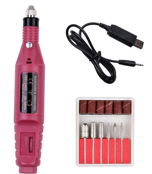 Electric nail polish machine pen with three color options, set of six polishing heads, and USB power line.