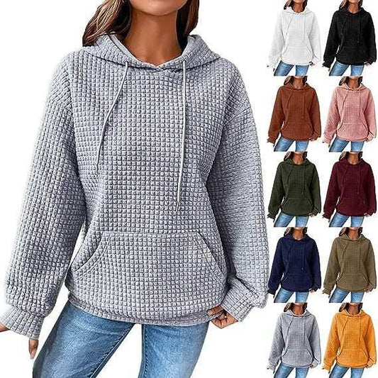 Women's loose casual solid color long-sleeved sweater with hood, available in multiple colors.