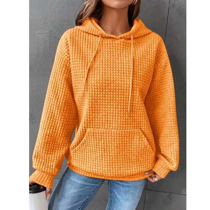 Women's loose casual solid color long-sleeved sweater with hood, available in multiple colors.
