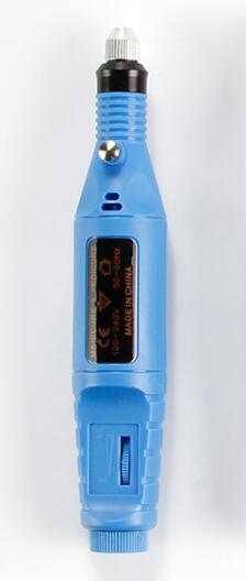 Electric nail polish machine pen with three color options, set of six polishing heads, and USB power line.