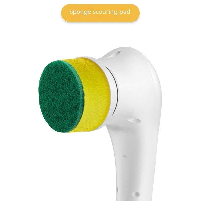 Electric handheld kitchen scrubber with five brush heads for versatile cleaning.