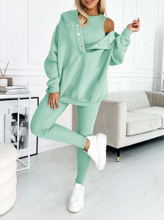 3pcs women's sports suit with hooded sweatshirt, vest, and slim trousers in light blue.
