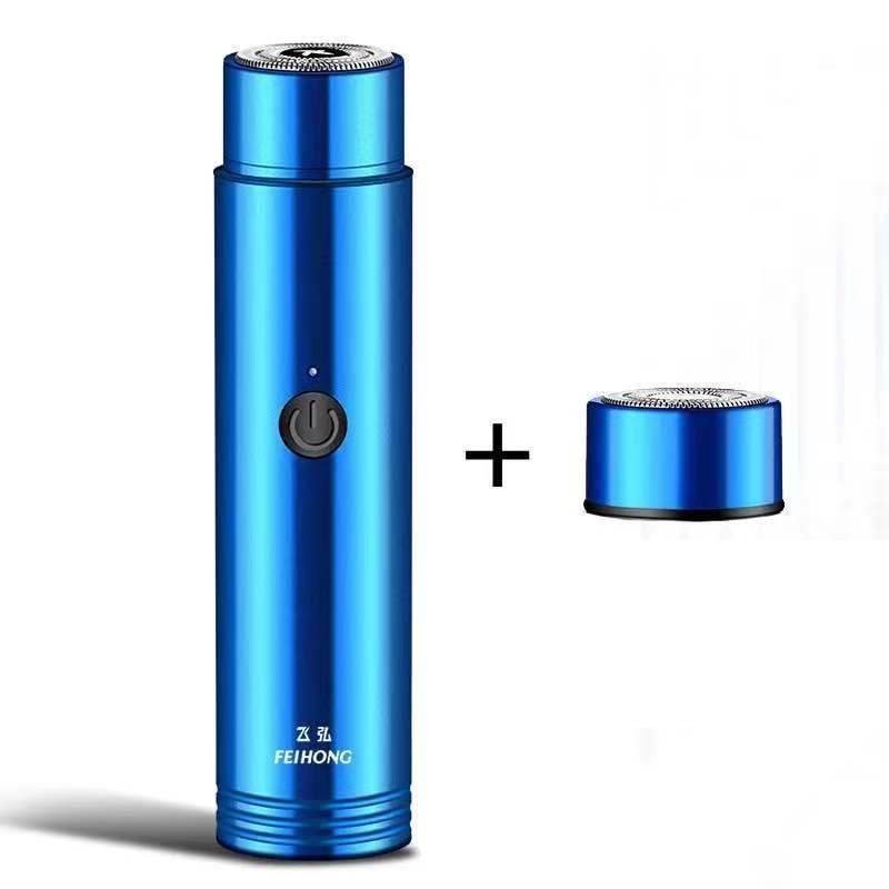 Portable mini electric shaver for men with black and silver design, showcasing shaving features.