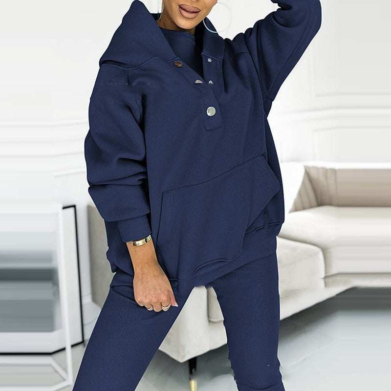 3pcs women's sports suit with hooded sweatshirt, vest, and slim trousers in light blue.