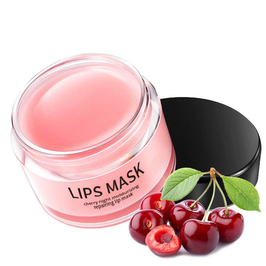 Lip Skin Care Moisturizing lip mask with cherries and black lid, perfect for hydrating and nourishing lips.