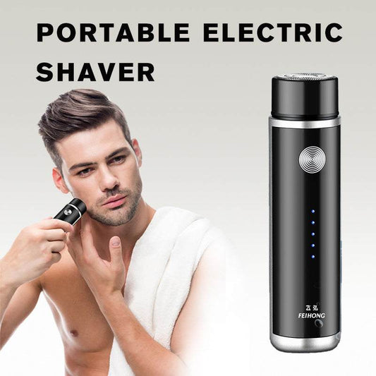 Portable mini electric shaver for men with black and silver design, showcasing shaving features.