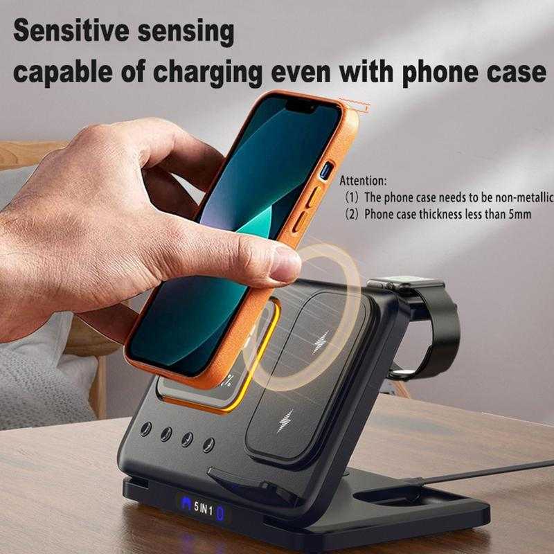 Wireless Chargers Stand 15W wireless charging stand with LED clock, phone, watch, and headphone charging slots.