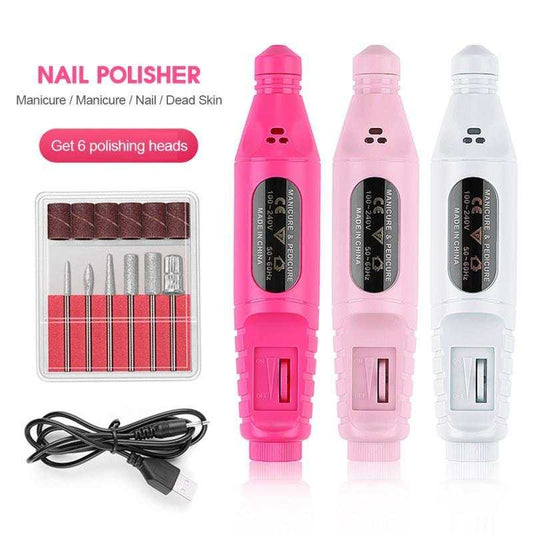 Electric nail polish machine pen with three color options, set of six polishing heads, and USB power line.