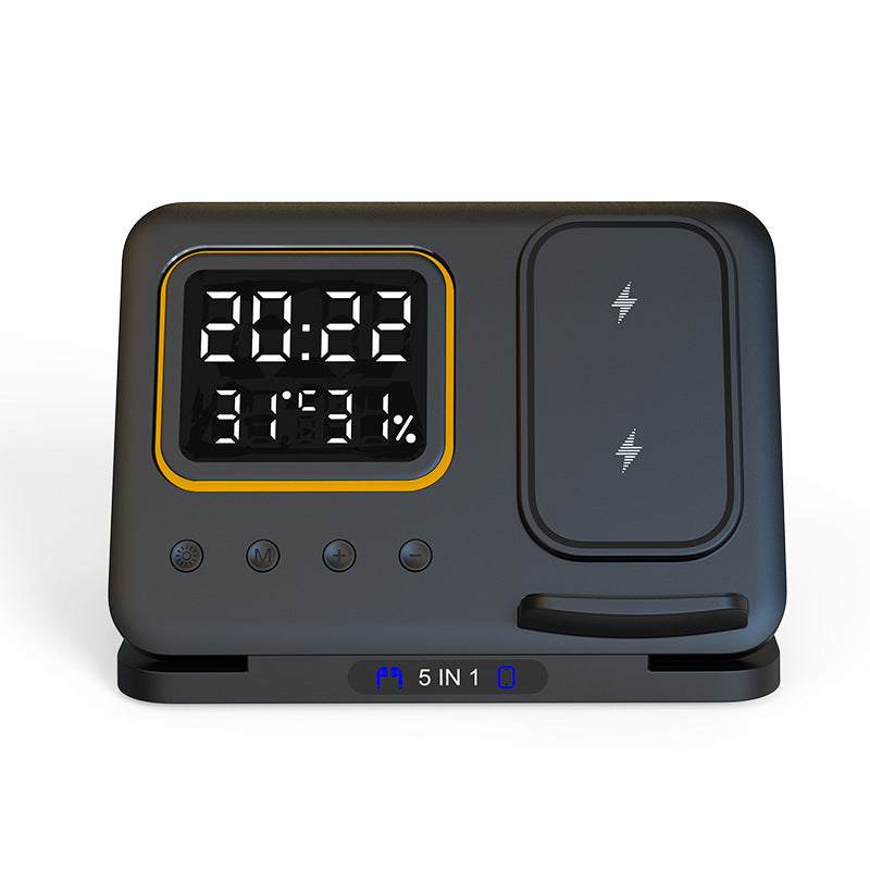 Wireless Chargers Stand 15W wireless charging stand with LED clock, phone, watch, and headphone charging slots.