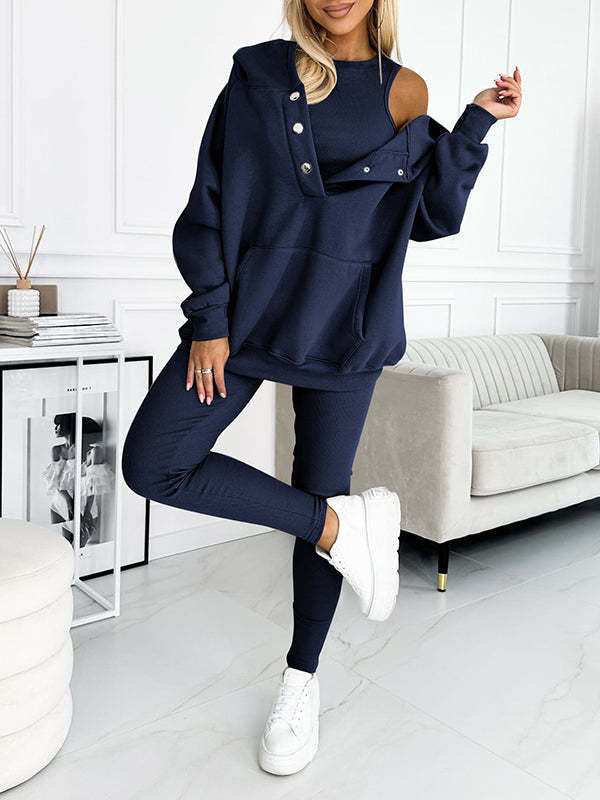 3pcs women's sports suit with hooded sweatshirt, vest, and slim trousers in light blue.