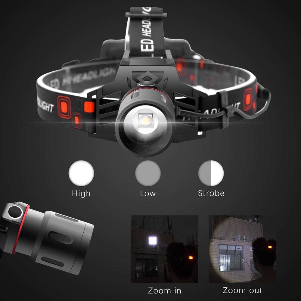 T6 white light LED headlamp with white, red, and green light options, zoom feature, rechargeable with USB charger and batteries included.