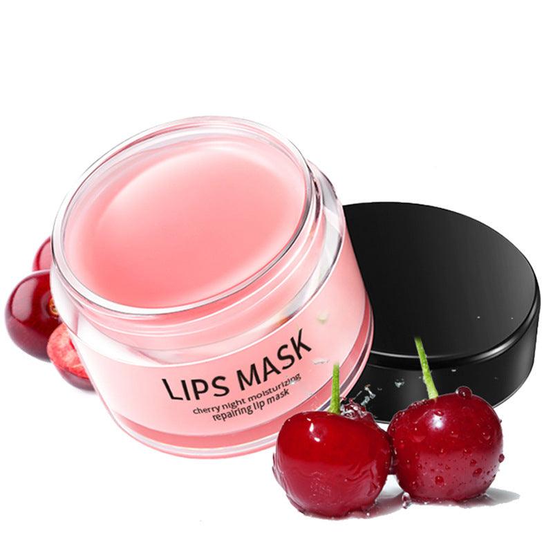 Lip Skin Care Moisturizing lip mask with cherries and black lid, perfect for hydrating and nourishing lips.