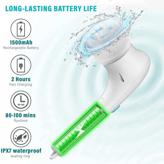 Electric handheld kitchen scrubber with five brush heads for versatile cleaning.