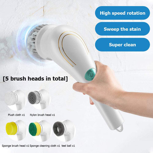 Electric handheld kitchen scrubber with five brush heads for versatile cleaning.