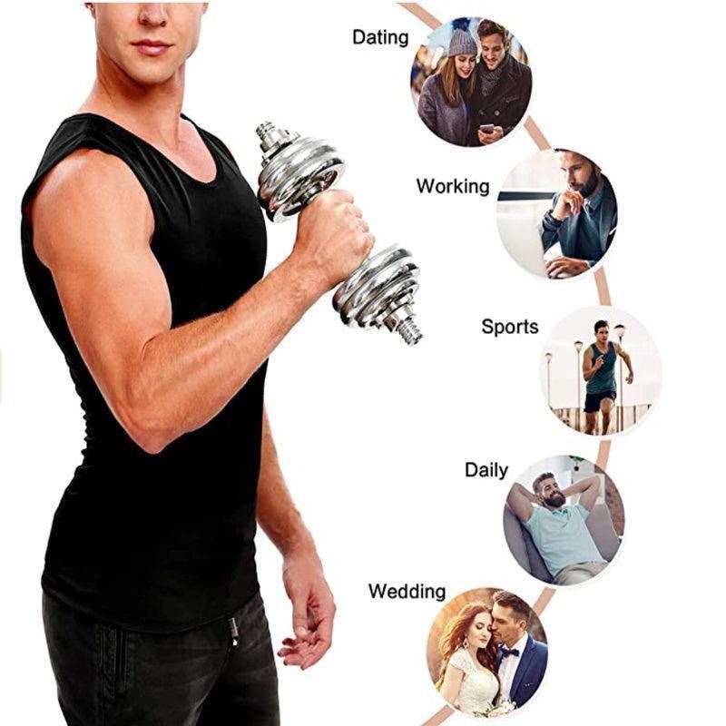 Men's fitness corset shapewear with heat trapping, silver waist support vest, enhances body shaping.