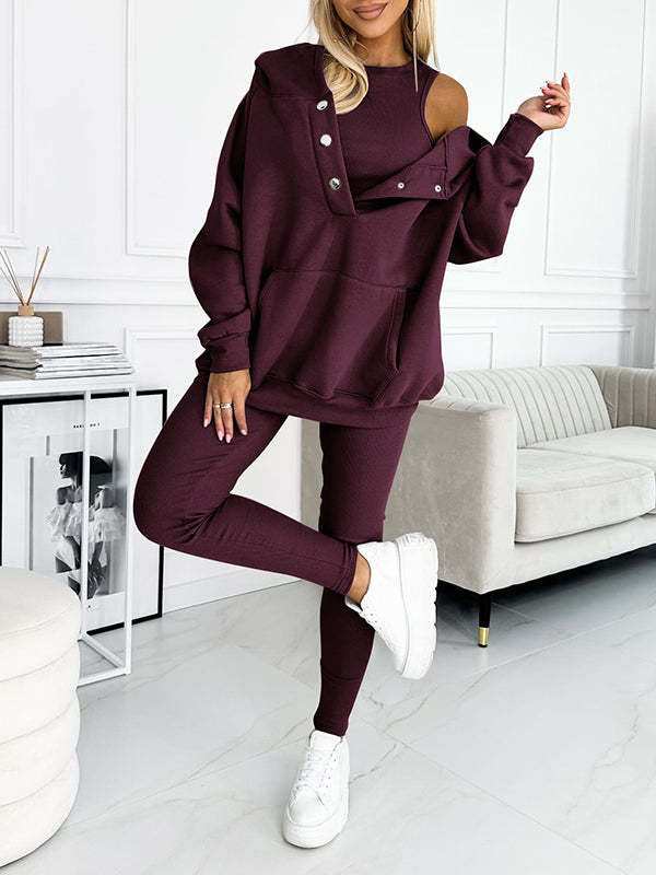 3pcs women's sports suit with hooded sweatshirt, vest, and slim trousers in light blue.
